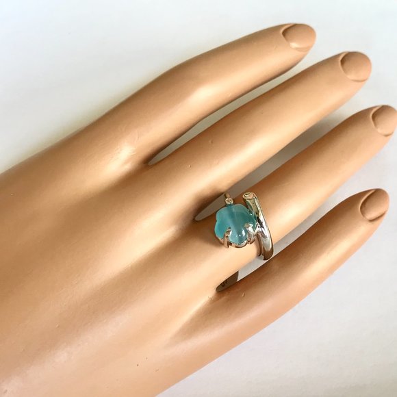 Vintage Aqua Blue Cats Eye Stone Flower Ring Size 7 Wrap Retro Silver Plated - Picture 2 of 11